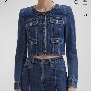 Self-Portrait Dark Blue Denim Cropped Jacket embellished buttons